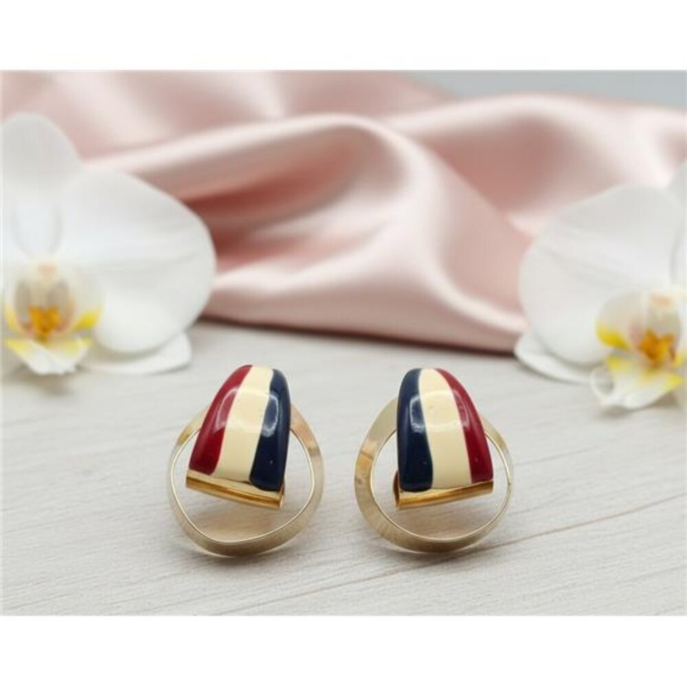 Vintage Patriotic Enamel Earrings Gold Tone Red White Blue Ribbon Knot 30mm